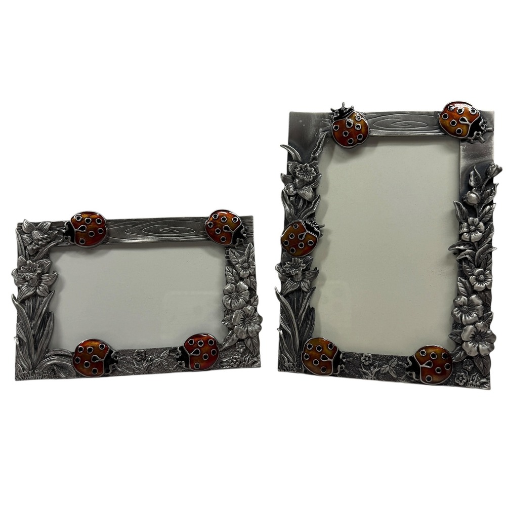 Set of 2 Pewter Tone Floral Ladybug Picture Frames Enameled Nature Whimsical
